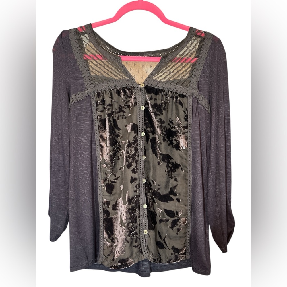 Meadow Rue Charcoal and Burnout Black Velvet and Lace Top  Size S Whimsigoth